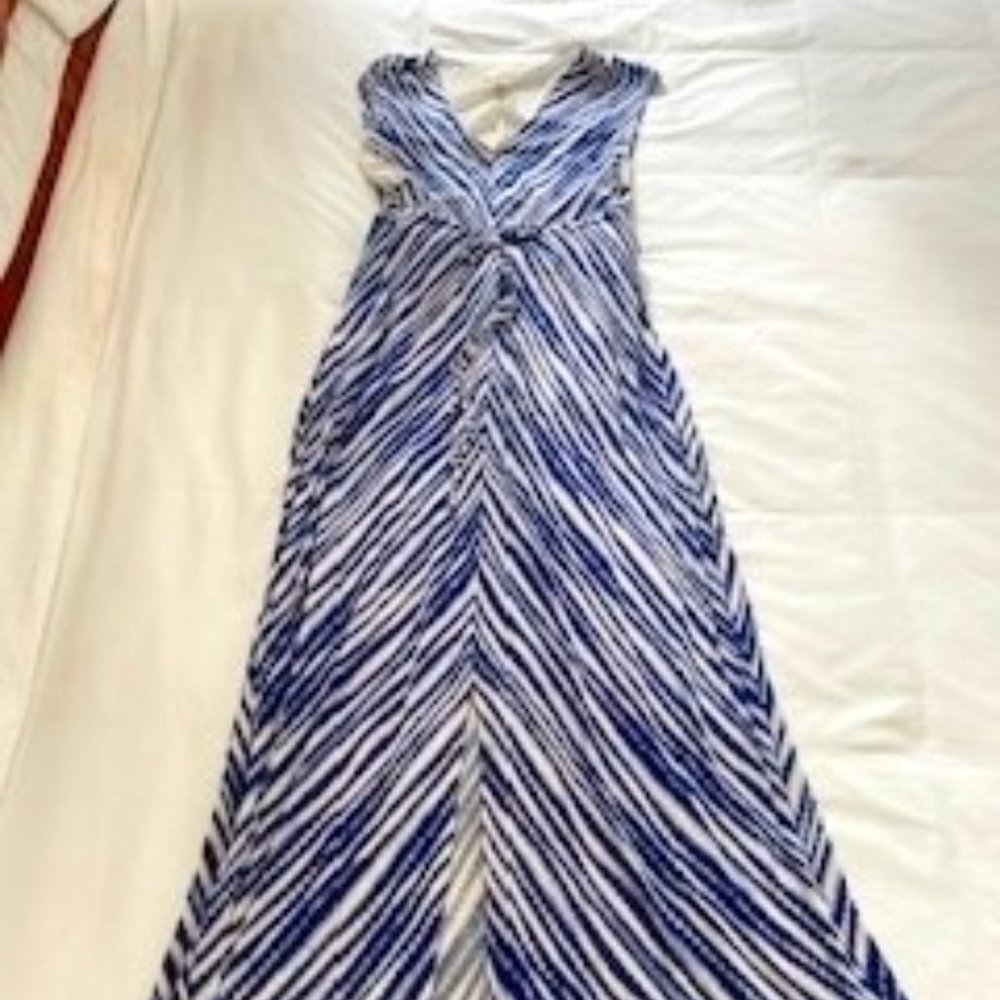 Chico's Sleeveless Maxi Dress Blue White Drawstring Waist 3